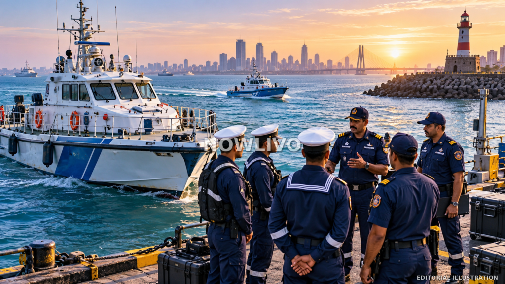 Editorial illustration of naval and coastal police personnel briefing beside patrol boats at a Maharashtra harbour.