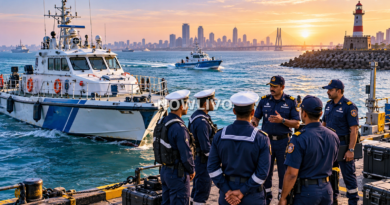 Editorial illustration of naval and coastal police personnel briefing beside patrol boats at a Maharashtra harbour.