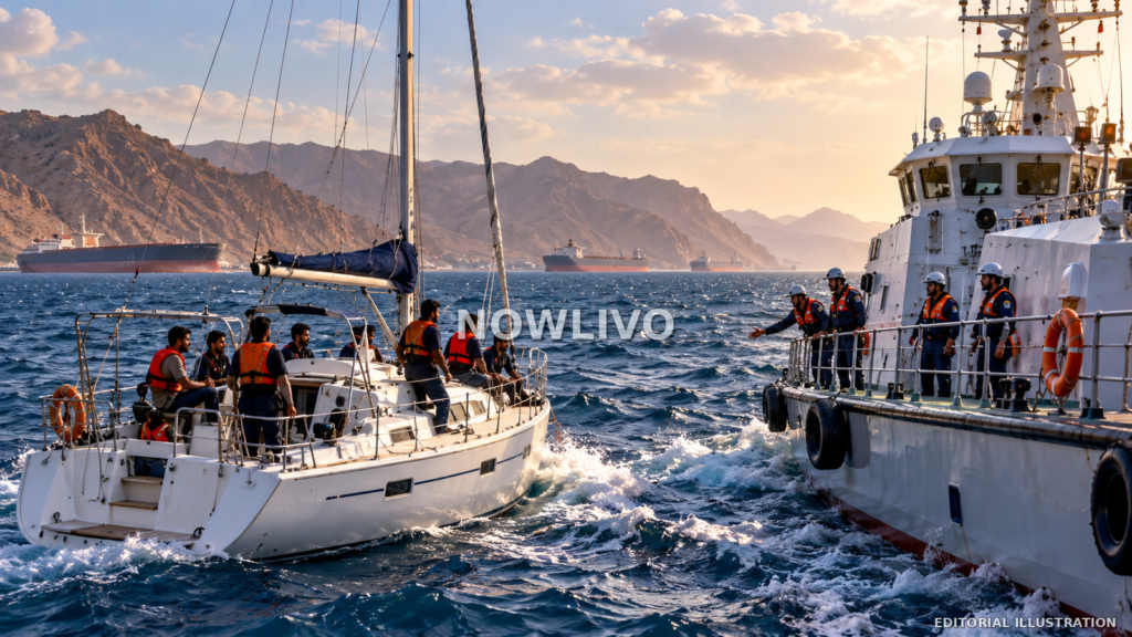 Editorial illustration of a small yacht beside a maritime rescue vessel in choppy water near Yemen’s rugged coastline.