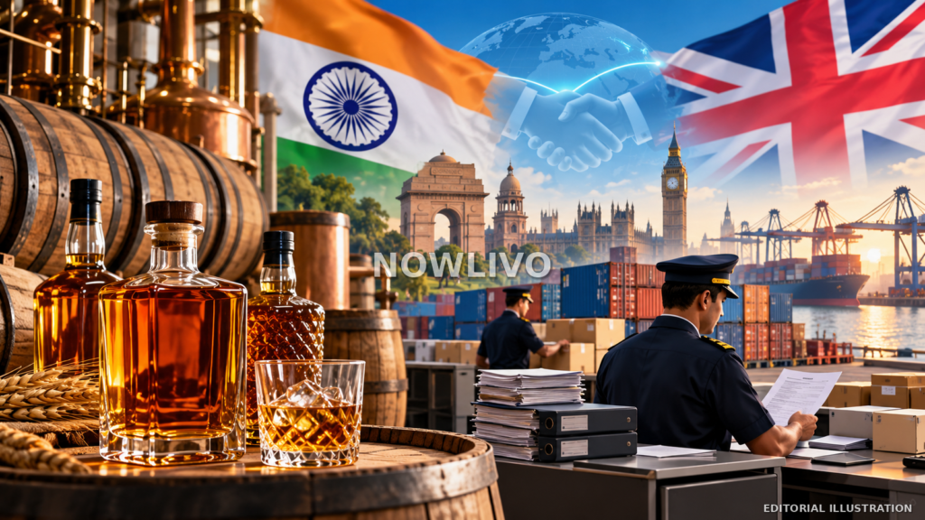 Editorial illustration of Scotch whisky barrels and bottles beside customs paperwork, shipping containers and India–UK trade symbols.