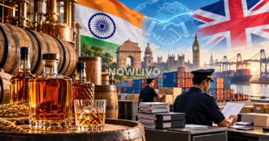Editorial illustration of Scotch whisky barrels and bottles beside customs paperwork, shipping containers and India–UK trade symbols.