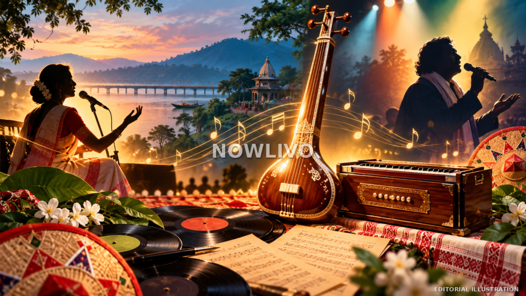 Editorial illustration celebrating Indian musical heritage with stage lights, music sheets, traditional instruments and silhouetted singers.