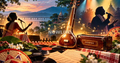 Editorial illustration celebrating Indian musical heritage with stage lights, music sheets, traditional instruments and silhouetted singers.