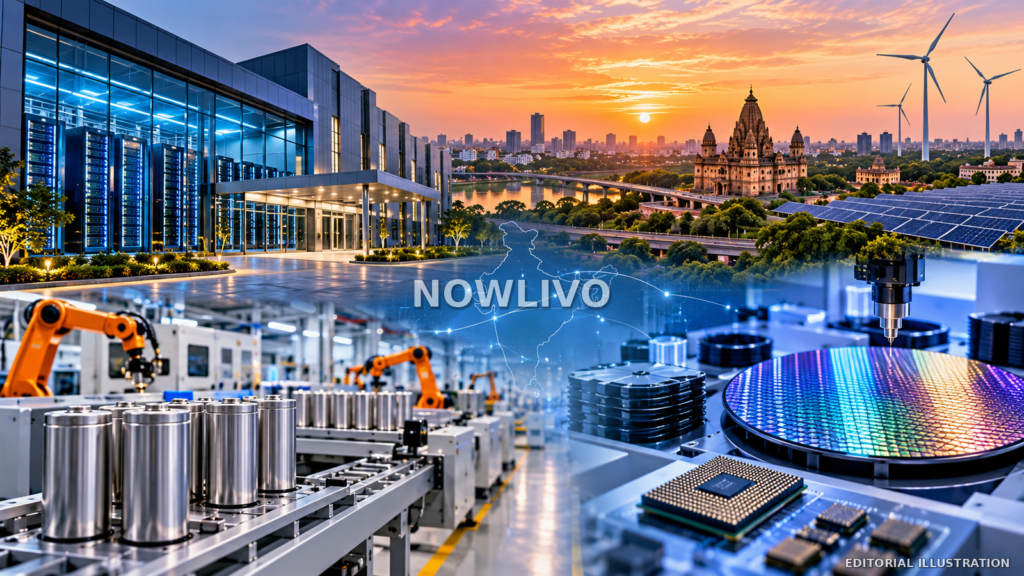 Editorial illustration of an Indian technology hub with data-centre servers, battery manufacturing, semiconductor equipment and clean-energy infrastructure.