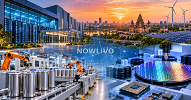Editorial illustration of an Indian technology hub with data-centre servers, battery manufacturing, semiconductor equipment and clean-energy infrastructure.