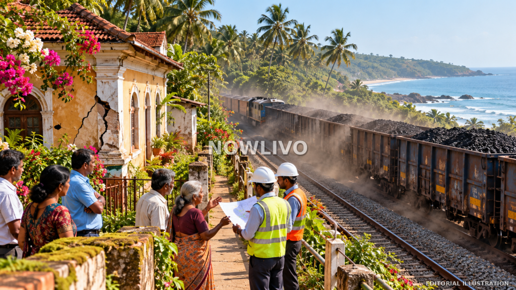 Editorial illustration of a coastal Goan village beside a railway line and freight train, with residents reviewing access and environmental plans.