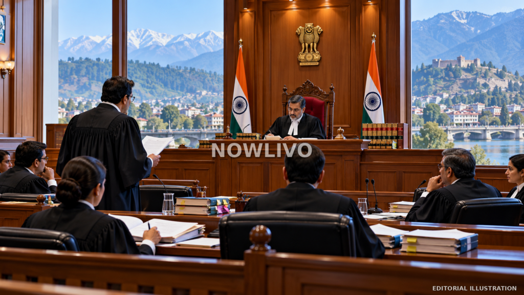 Editorial illustration of a formal courtroom with a judge, lawyers, case files and a mountainous Jammu and Kashmir landscape outside the window.