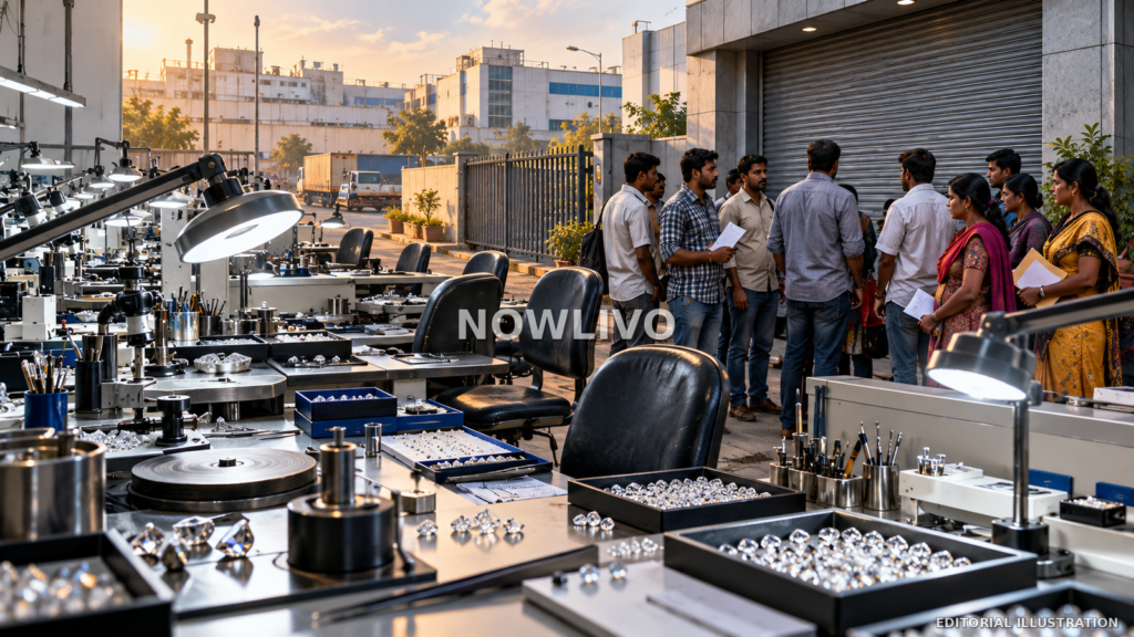 Editorial illustration of a shuttered Surat diamond-cutting workshop with trays of stones, empty polishing benches and worried workers waiting outside.