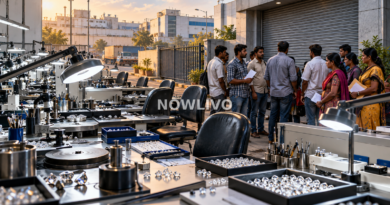 Editorial illustration of a shuttered Surat diamond-cutting workshop with trays of stones, empty polishing benches and worried workers waiting outside.