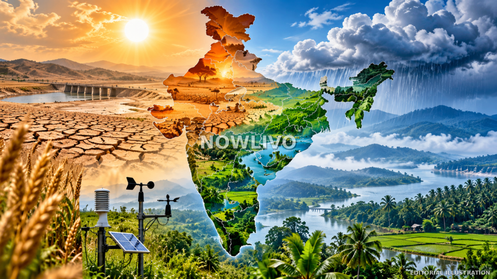 Editorial illustration contrasting dry cracked land in northern India with rain-soaked green landscapes in the south, around a map of India.
