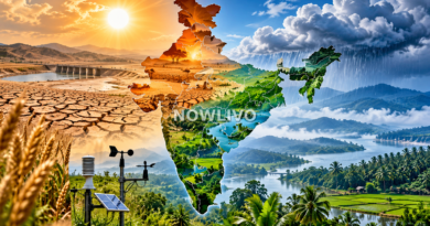 Editorial illustration contrasting dry cracked land in northern India with rain-soaked green landscapes in the south, around a map of India.