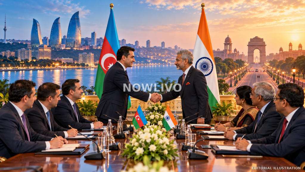 Editorial illustration of Indian and Azerbaijani diplomats meeting beneath both flags with Baku and New Delhi landmarks at sunset.