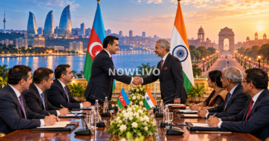Editorial illustration of Indian and Azerbaijani diplomats meeting beneath both flags with Baku and New Delhi landmarks at sunset.