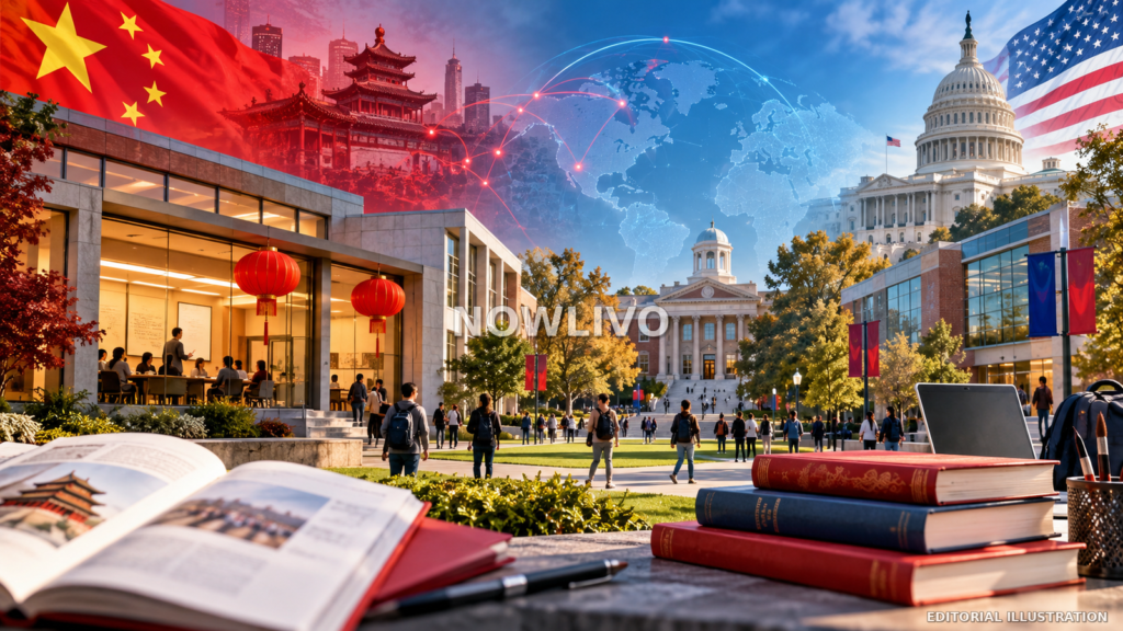 Editorial illustration of a US university campus with Chinese and American flags, books, cultural symbols and government buildings.