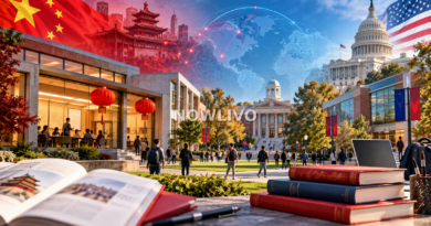 Editorial illustration of a US university campus with Chinese and American flags, books, cultural symbols and government buildings.