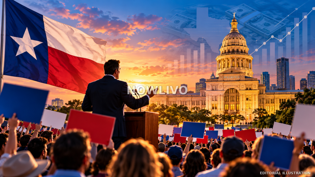 Editorial illustration of a Texas political rally with a speaker, crowd, state flag, campaign finance graphics and city skyline.