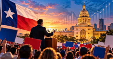 Editorial illustration of a Texas political rally with a speaker, crowd, state flag, campaign finance graphics and city skyline.