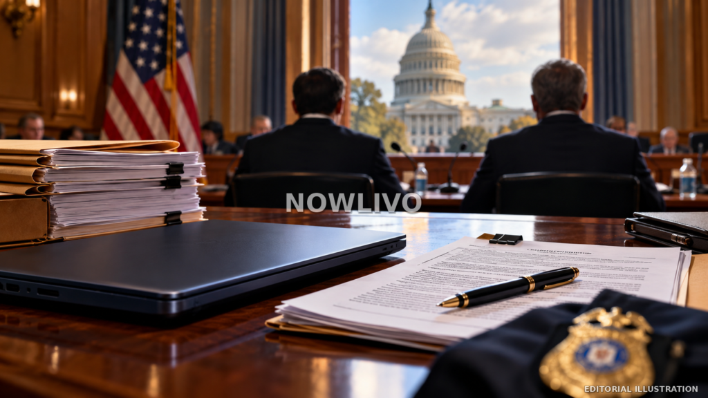 Editorial illustration of congressional hearing files, an FBI-style seal, a laptop and the US Capitol in an investigation room.