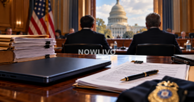 Editorial illustration of congressional hearing files, an FBI-style seal, a laptop and the US Capitol in an investigation room.