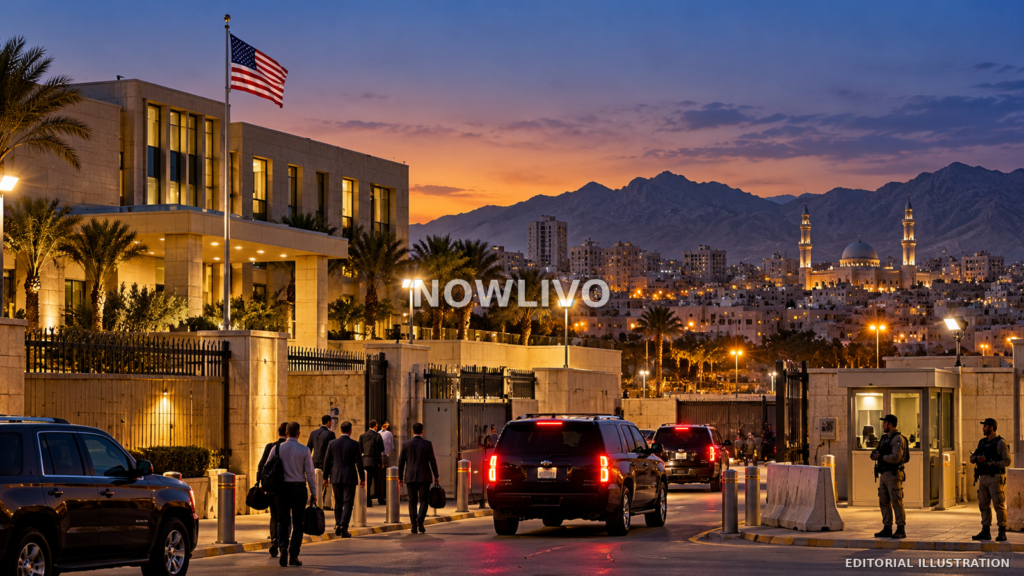 Editorial illustration of a secured US embassy compound in a Middle Eastern city at dusk, with vehicles, security staff and a distant skyline.