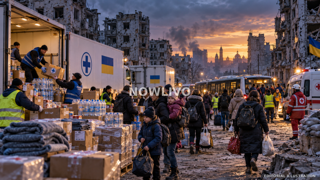 Editorial illustration of humanitarian relief trucks and civilians in a damaged Ukrainian city, with aid boxes and evacuation buses.