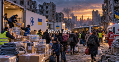 Editorial illustration of humanitarian relief trucks and civilians in a damaged Ukrainian city, with aid boxes and evacuation buses.