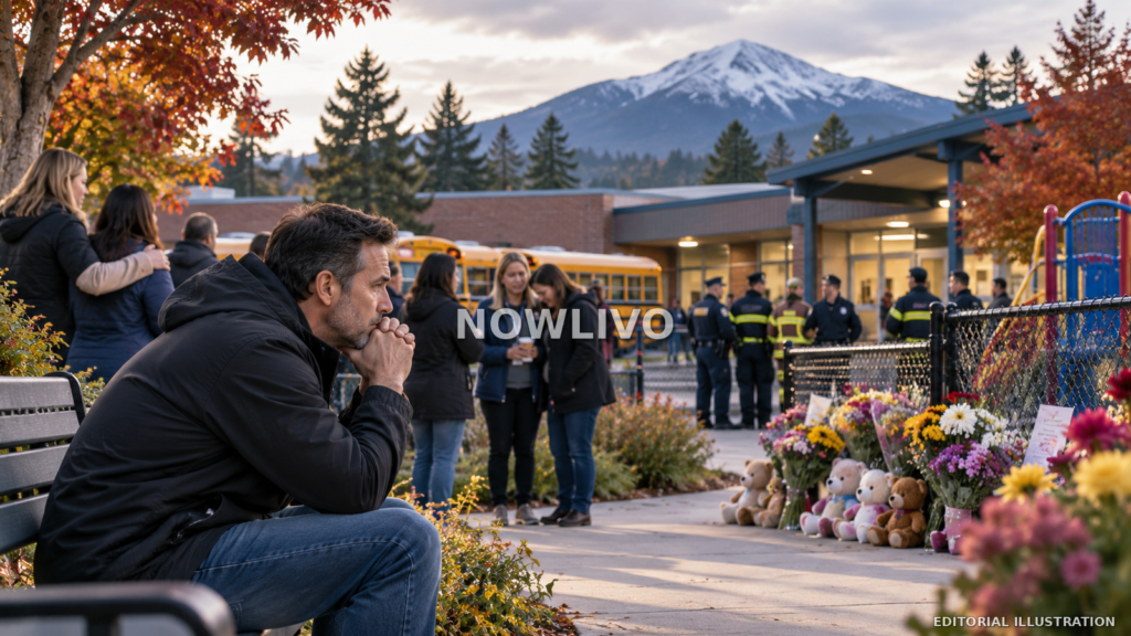 Editorial illustration of a somber memorial outside an elementary school, with families, flowers, stuffed animals and first responders.