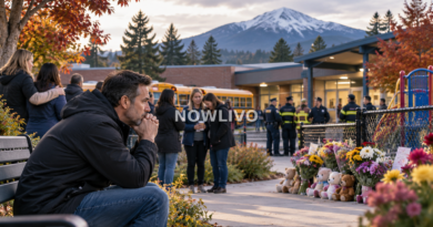 Editorial illustration of a somber memorial outside an elementary school, with families, flowers, stuffed animals and first responders.