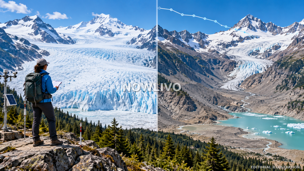 Editorial illustration of a mountain glacier retreating into a rocky valley with a meltwater lake and a field researcher.