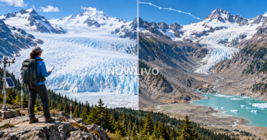Editorial illustration of a mountain glacier retreating into a rocky valley with a meltwater lake and a field researcher.