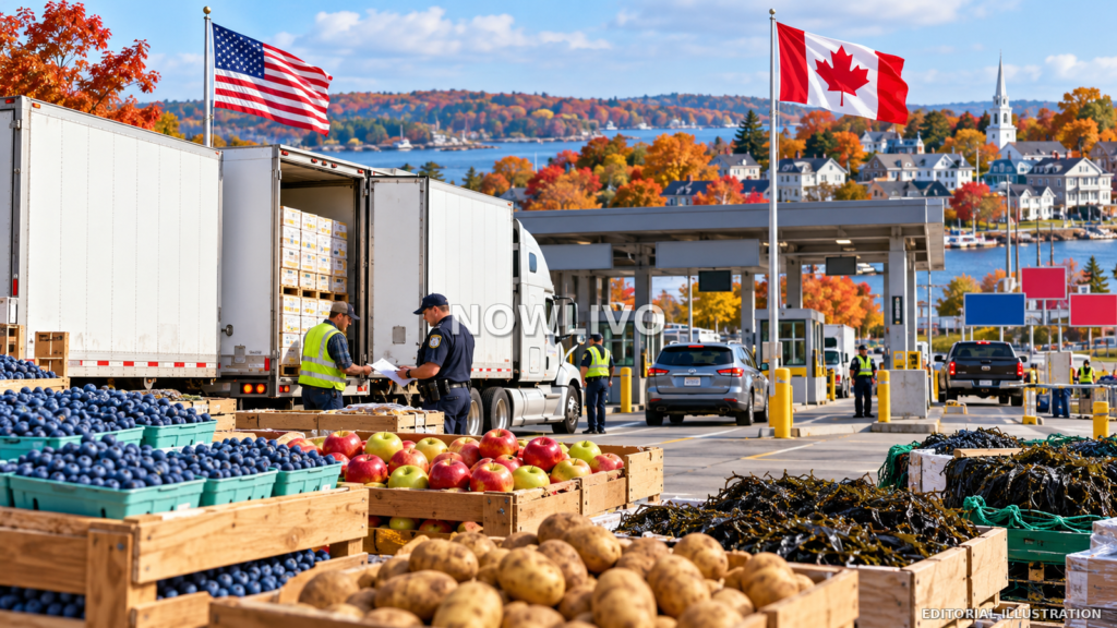 Editorial illustration of US–Canada border trade, shipping containers and customs activity beside Maine autumn scenery and a Senate campaign sign.