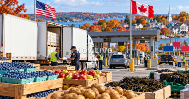 Editorial illustration of US–Canada border trade, shipping containers and customs activity beside Maine autumn scenery and a Senate campaign sign.