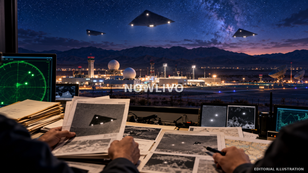 Editorial illustration of analysts studying triangular objects in a night sky above a secure desert base with radar screens and documents.
