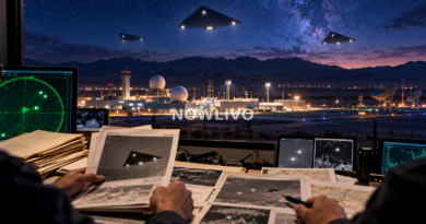 Editorial illustration of analysts studying triangular objects in a night sky above a secure desert base with radar screens and documents.