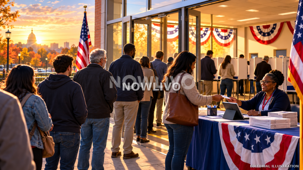 Editorial illustration of voters queuing at a polling station decorated with US flags during early voting in autumn.
