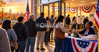 Editorial illustration of voters queuing at a polling station decorated with US flags during early voting in autumn.