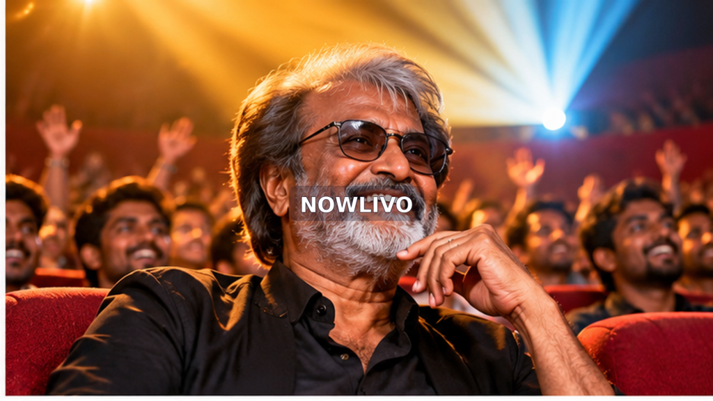 Editorial illustration of Rajinikanth-like veteran film star smiling with cinema audience, representing Jailer 2 box-office coverage; not a documentary photo.