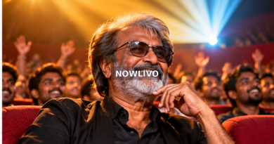 Editorial illustration of Rajinikanth-like veteran film star smiling with cinema audience, representing Jailer 2 box-office coverage; not a documentary photo.