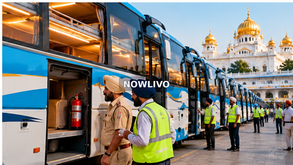 Illustrative scene of pilgrimage coaches being inspected for safety in Punjab; no specific operator or vehicle is identified.