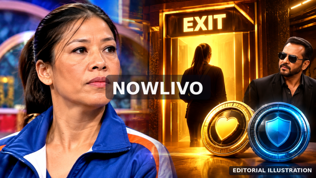 Illustrative NOWLIVO composite of a woman athlete beside a glowing exit and guest host figure, representing Mary Kom’s reported Bigg Boss 20 eviction; not a broadcast photograph.