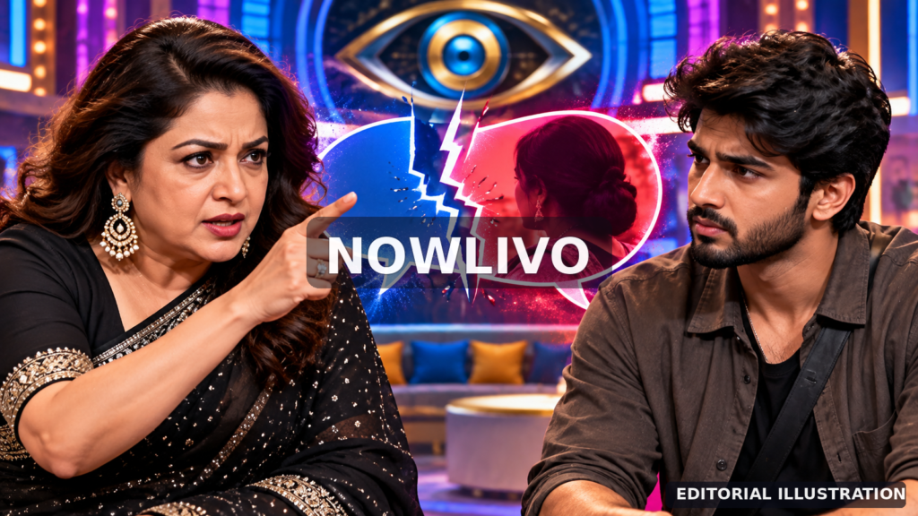 Illustrative NOWLIVO editorial composite of a woman guest host pointing toward a male contestant with split conversation graphics, depicting reported Ramya Krishnan–Jason exchange; not an actual episode still.