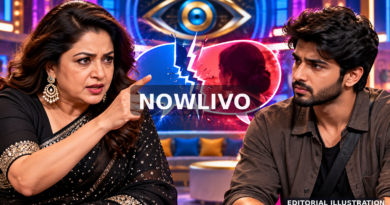 Illustrative NOWLIVO editorial composite of a woman guest host pointing toward a male contestant with split conversation graphics, depicting reported Ramya Krishnan–Jason exchange; not an actual episode still.