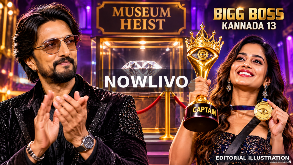 Illustrative NOWLIVO composite showing a female contestant with symbolic trophy and medal beside a host figure in a museum-heist-themed set; not a photograph of Soundarya Shetty’s award ceremony.