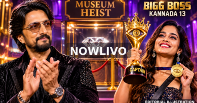 Illustrative NOWLIVO composite showing a female contestant with symbolic trophy and medal beside a host figure in a museum-heist-themed set; not a photograph of Soundarya Shetty’s award ceremony.