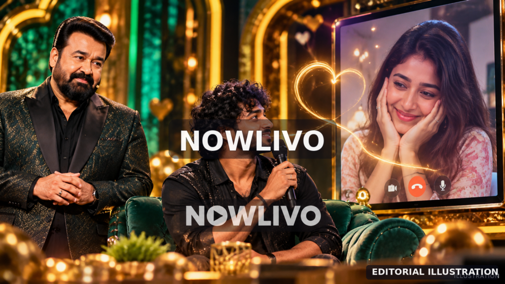 Illustrative NOWLIVO composite of a male contestant on a green studio sofa speaking to a woman on a video screen with a host nearby, representing Noby and Nilina’s reported call; not actual footage.