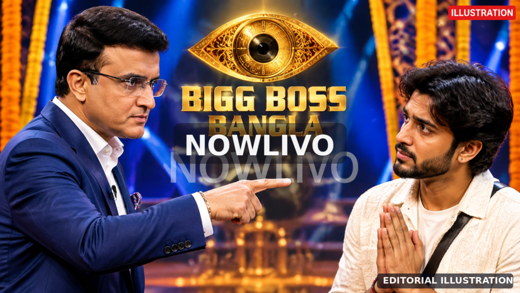 Illustrative NOWLIVO composite showing a suited host confronting an apologetic male contestant on a blue-and-gold stage, representing Sourav Ganguly and Rajbir; not an actual episode photograph.