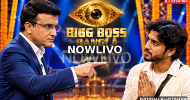 Illustrative NOWLIVO composite showing a suited host confronting an apologetic male contestant on a blue-and-gold stage, representing Sourav Ganguly and Rajbir; not an actual episode photograph.