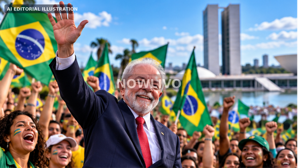 AI editorial illustration of Luiz Inácio Lula da Silva greeting supporters waving Brazilian flags after the 2026 presidential runoff