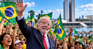 AI editorial illustration of Luiz Inácio Lula da Silva greeting supporters waving Brazilian flags after the 2026 presidential runoff