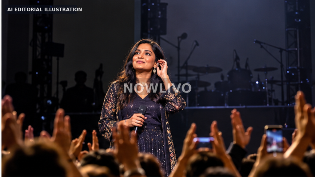 AI editorial illustration of a female Indian singer holding a microphone before a concert audience after a disputed stage interruption